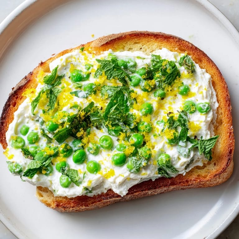 Savory Pea & Mint Ricotta Toast served on a rustic wooden board, garnished with olive oil drizzle and lemon wedges for serving.