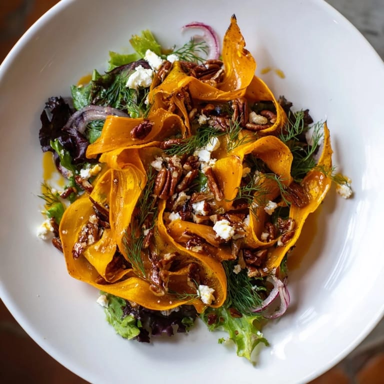Caramelized carrot ribbons layered over peppery arugula and spinach, topped with crumbled feta and toasted pecans for added texture and savory flavor.