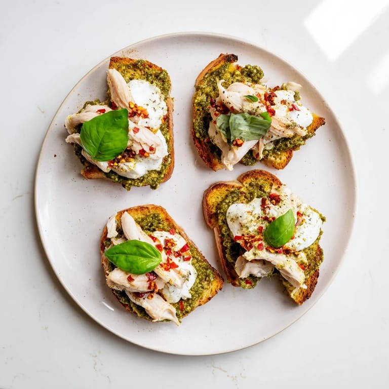 Fresh basil garnishes this easy pesto chicken burrata toast, served warm for a satisfying light lunch or appetizer.