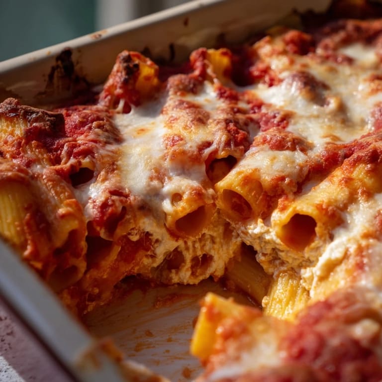 A slice of golden-brown Freezer Make-Ahead Baked Ziti lifted from the pan, revealing creamy ricotta and hearty pasta layers.