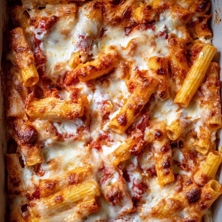 A portion of Freezer Make-Ahead Baked Ziti served on a white plate with a side salad and garlic bread, ready to eat.