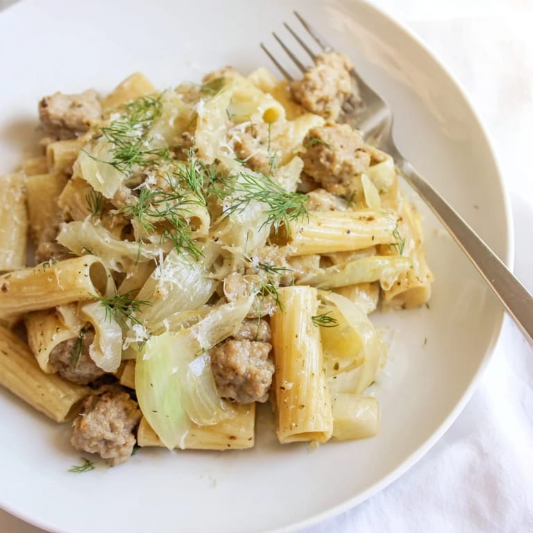 Savory Italian sausage and tender fennel slices tossed through al dente pasta in a light, aromatic white wine sauce.