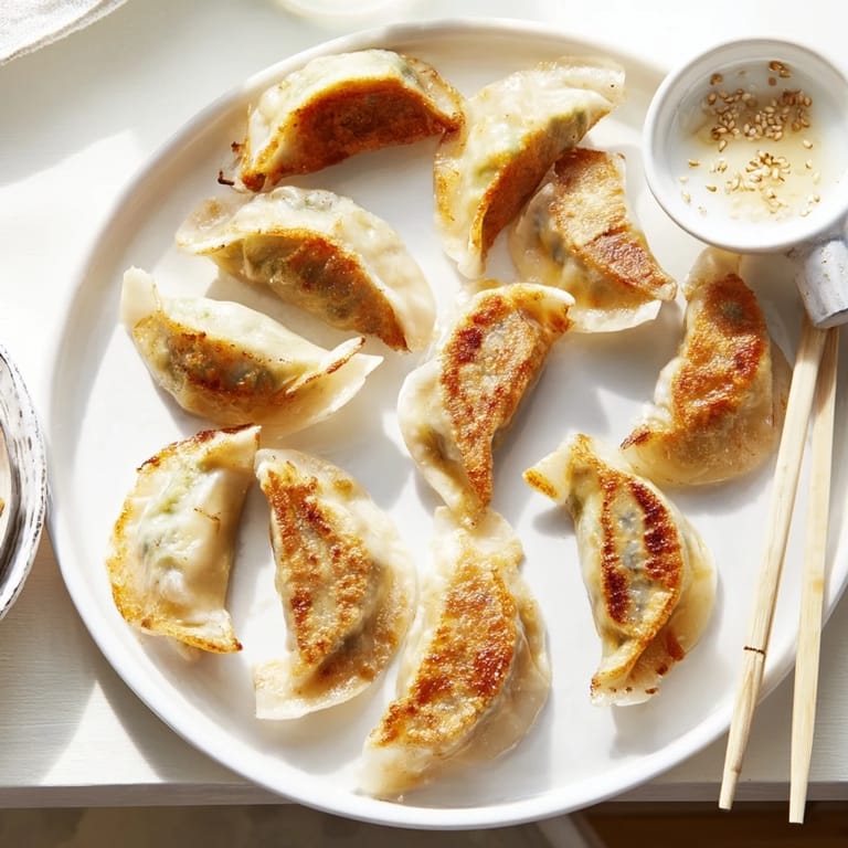 A close-up of smashed gyozas on a plate, revealing tender pork and cabbage filling alongside a sesame soy dip.