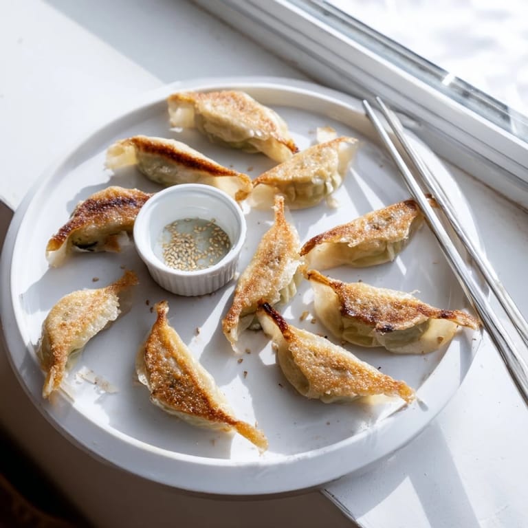 Freshly pan-fried smashed gyozas arranged on a platter, garnished with green onions and a small bowl of chili oil sauce.
