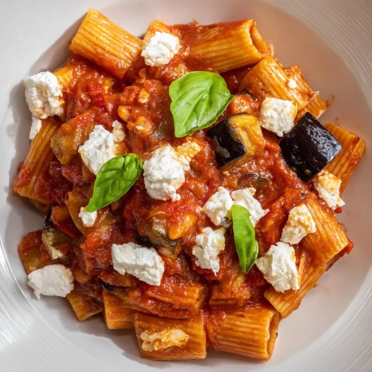 Golden roasted eggplant and rigatoni pasta tossed in a rich, chunky tomato sauce for classic Pasta Alla Norma.