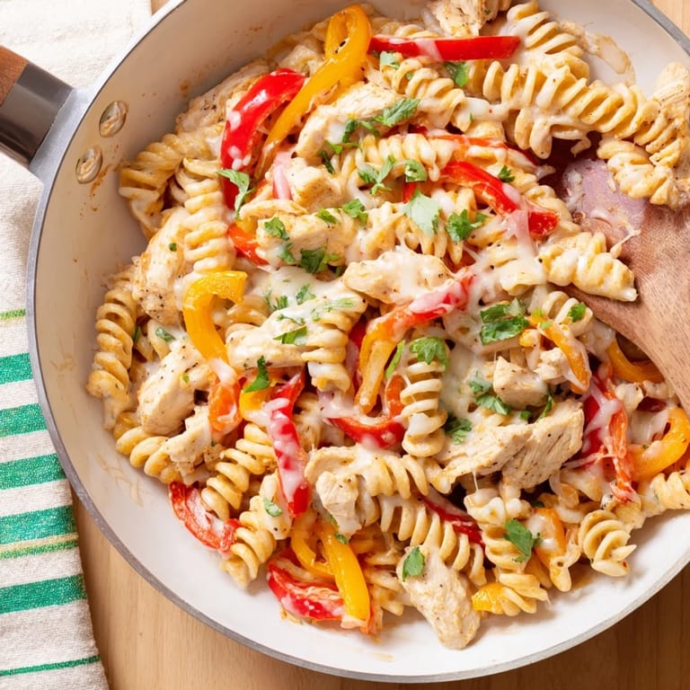 Savory chicken fajita pasta skillet with colorful bell peppers, onions, and melted cheddar, served warm with a wedge of lime on the side.