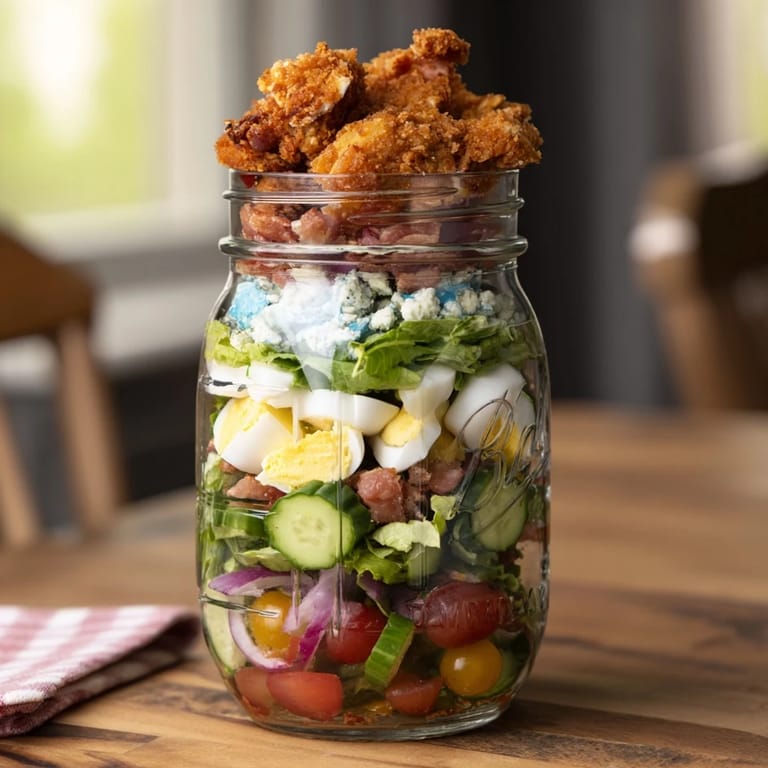 Craving a Crispy Chicken Cobb Jar Salad? This lunch-ready mason jar stacks bacon, blue cheese, and avocado for a tangy, satisfying crunch.
