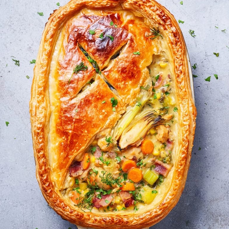 A rustic slice of Chicken and Leek Pie is served on a white plate, revealing layers of tender chicken, sautéed leeks, and a rich, creamy sauce.