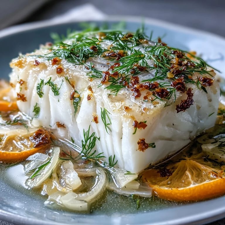 Healthy poached cod entree featuring fresh fennel, orange slices, and fragrant herbs.