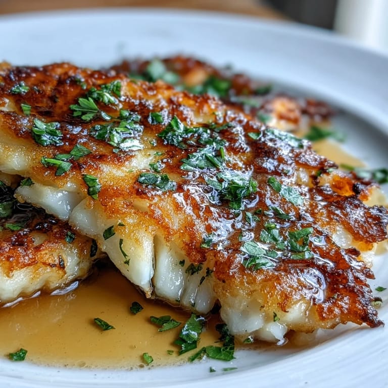 A close-up of pan-fried flounder meunière with fresh parsley and lemon wedges on the side.  