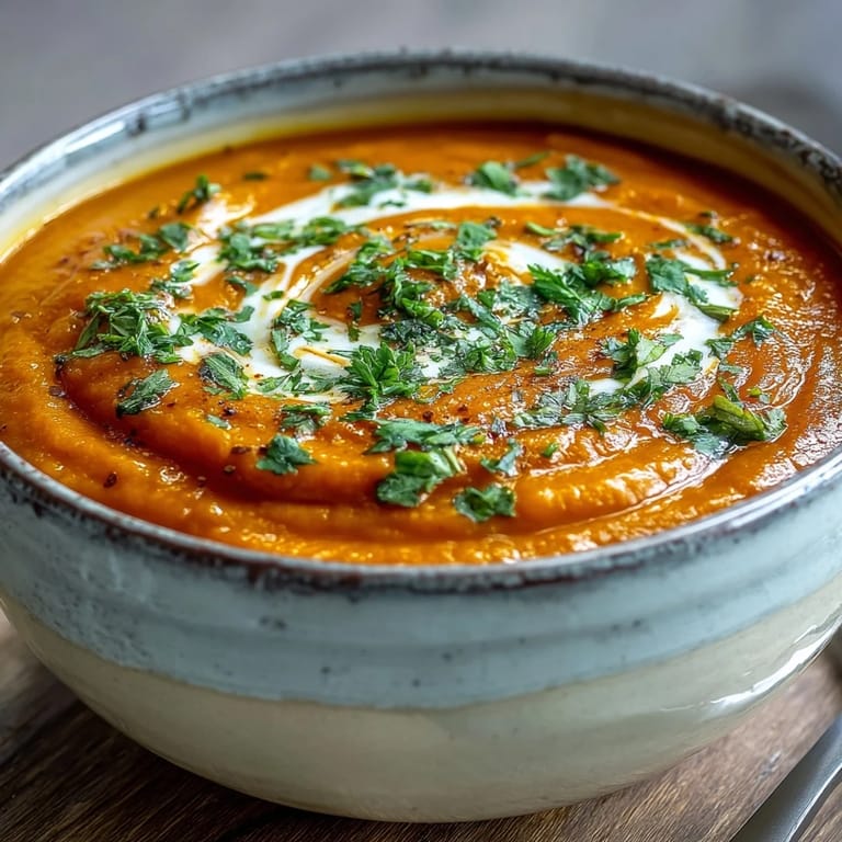 Spiced carrot and lentil soup simmering in a pot with bright orange puree and fresh celery on the side.