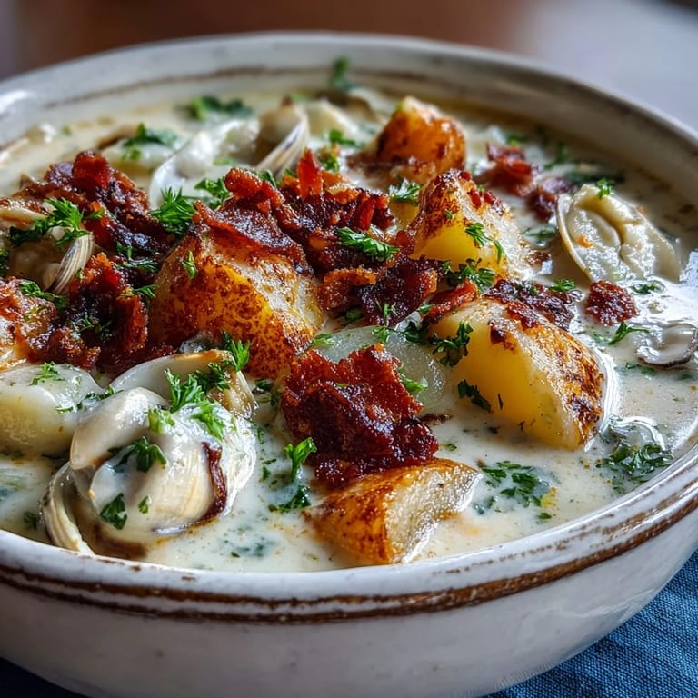 Steaming pot of homemade New England Clam Chowder with diced potatoes and clams in a rich, creamy broth alongside crusty bread.
