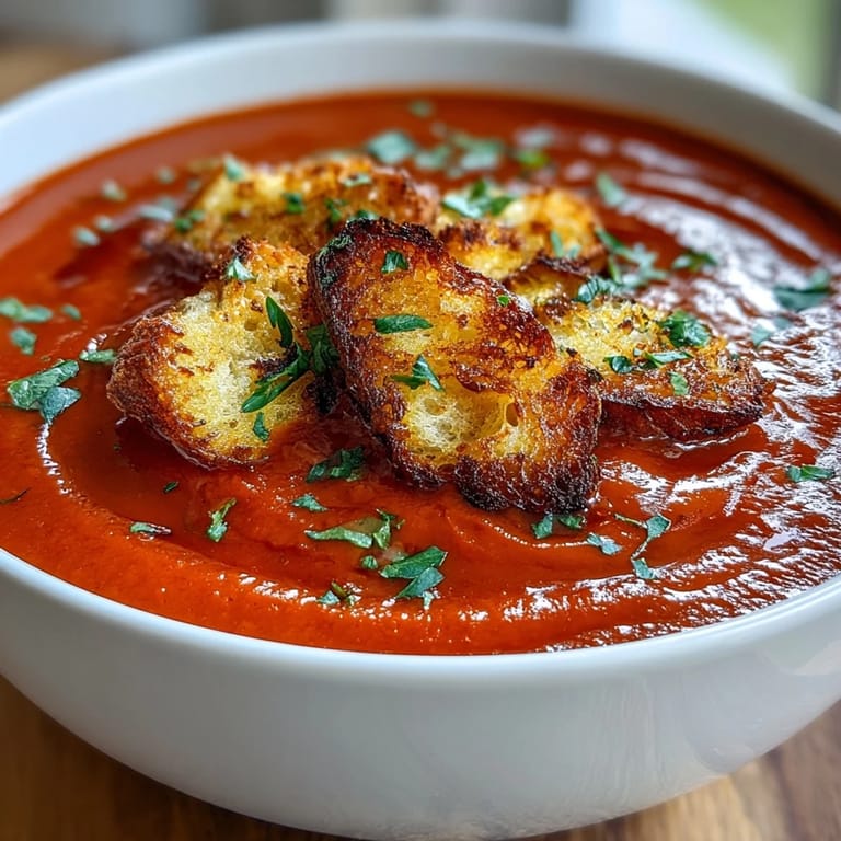 A steaming bowl of Roasted Red Pepper Soup with Crispy Croutons glows with a vibrant red-orange hue.