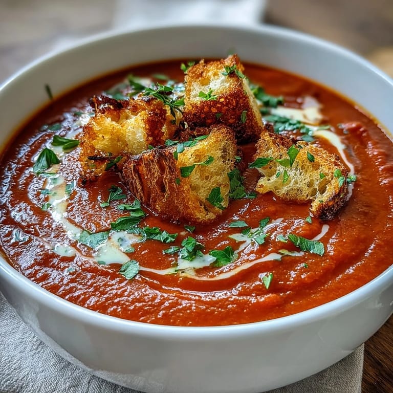 Garnished with fresh parsley, Roasted Red Pepper Soup with Crispy Croutons looks cozy and ready to serve.