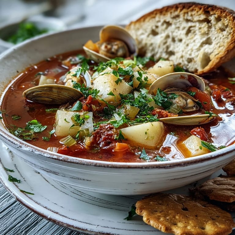 Steaming hot Manhattan Clam Chowder served in a rustic bread bowl topped with fresh parsley.