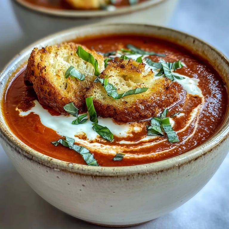 Close-up on Creamy Roasted Tomato Soup, highlighting the velvety red texture, fresh basil, and homemade croutons in a cozy setting.