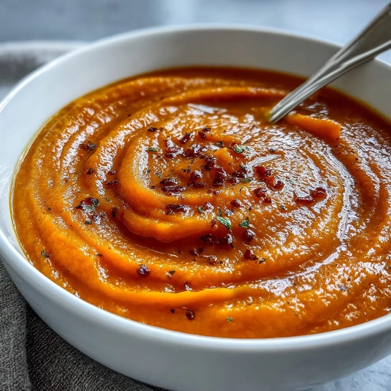 A bowl of Carrot Ginger Soup garnished with toasted pumpkin seeds, paired with crusty bread for dipping.