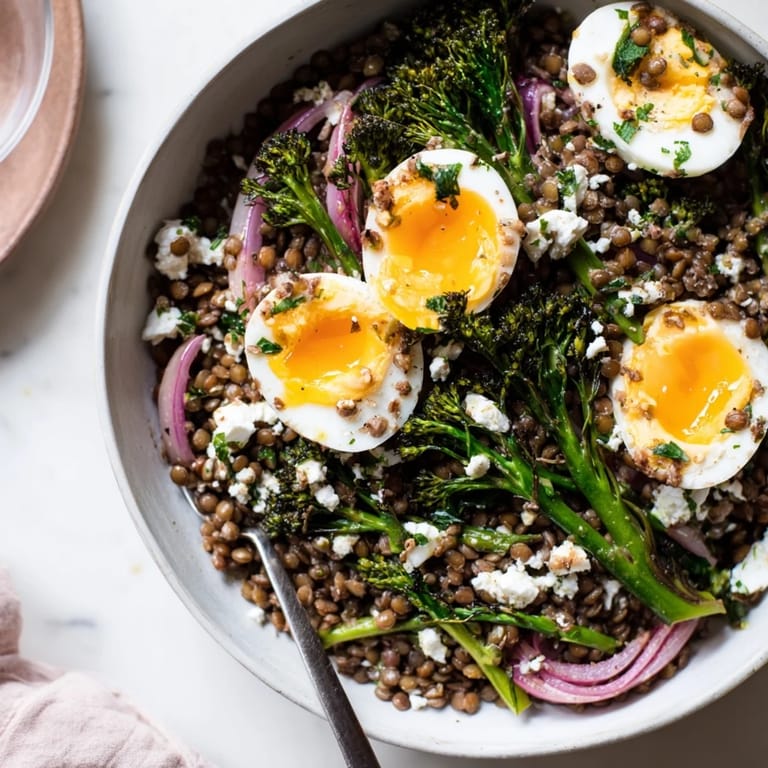 French lentil salad with tender broccolini, jammy soft-cooked eggs, and crumbled goat cheese, served in a rustic ceramic bowl.