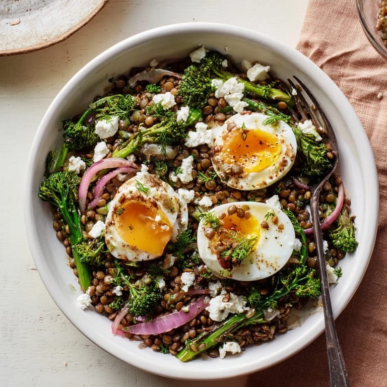 Hearty French lentil salad featuring crisp broccolini and soft-cooked eggs, finished with a tangy vinaigrette for a vibrant vegetarian main.
