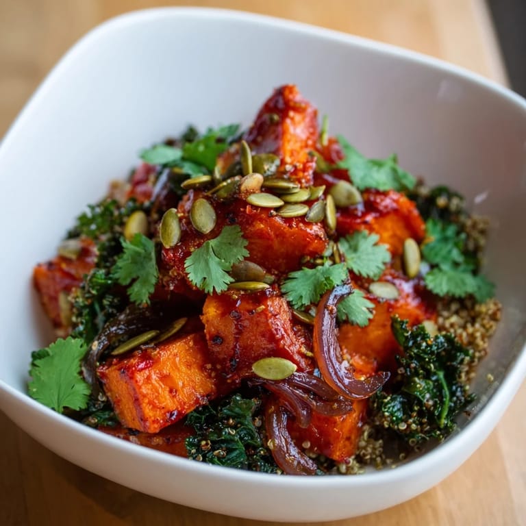 Vibrant sweet and spicy red kuri squash bowl with maple glaze, ready for dinner.
