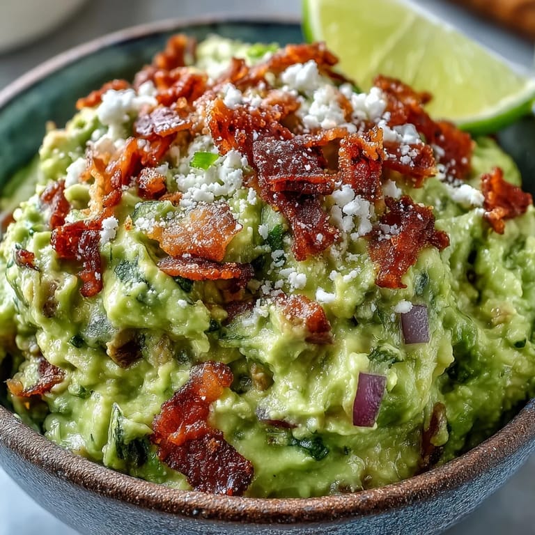 Freshly mixed Bacon Guacamole With Cotija Cheese topped with bacon pieces, Cotija crumbles, and diced tomato.