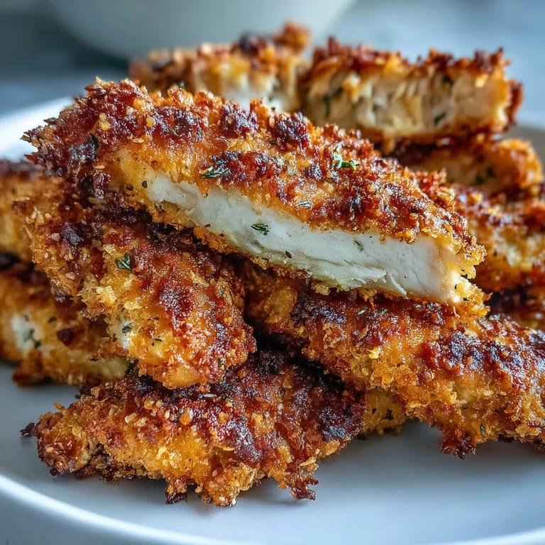 Homemade Air Fryer Chicken Strips feature juicy, tender chicken breasts coated in Parmesan and whole wheat breadcrumbs for a healthy dinner.