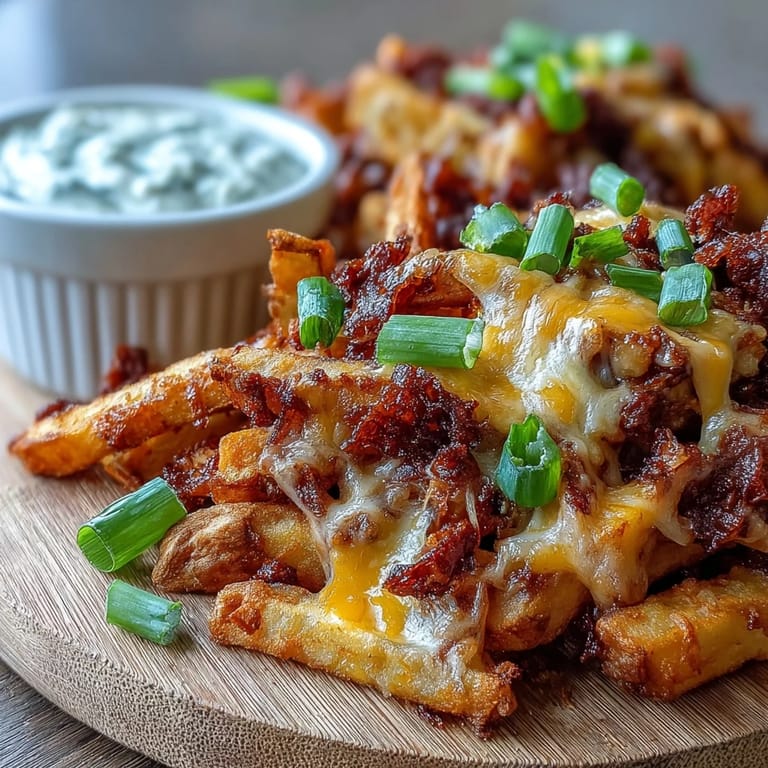 A serving platter of cheesy BBQ fries with a small bowl of creamy ranch dip for dipping.