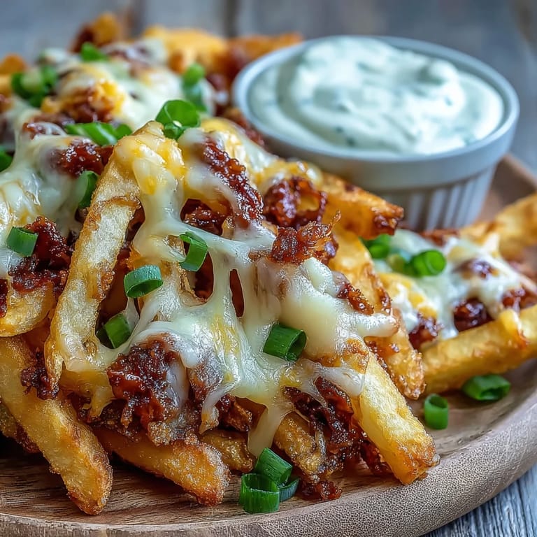 Close-up of gooey melted cheddar cheese over seasoned, crunchy fries, with a side of homemade ranch dip.