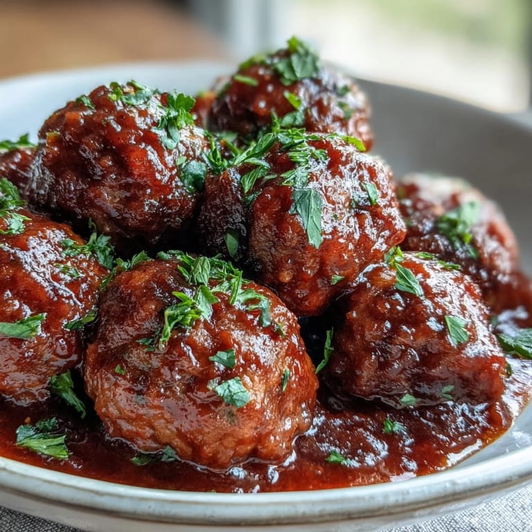 Aromatic grape jelly and chili sauce blend into a glossy glaze over tender beef meatballs served steaming in a white bowl.
