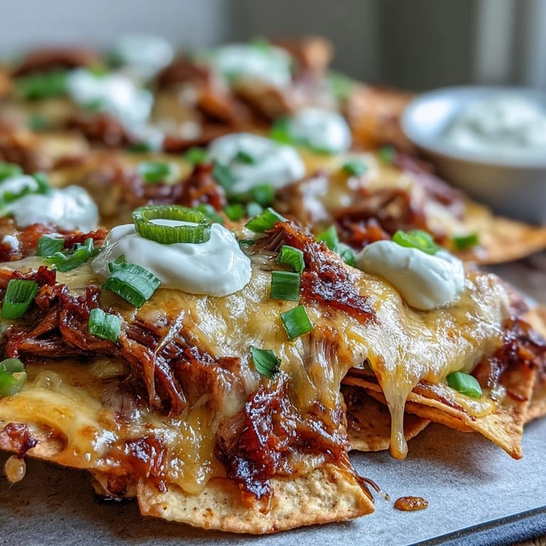 Freshly baked BBQ Beef Nachos piled high with melty cheese, red onion, and avocado, ready to enjoy with a cold lager.