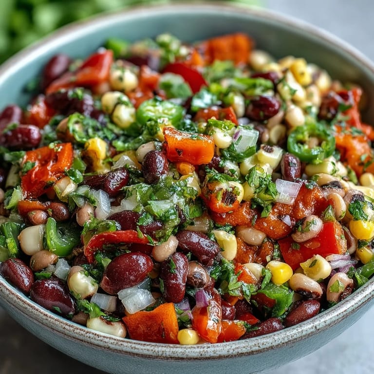 Colorful Cowboy Caviar salad featuring red onion, jalapeño, and cilantro, ideal as a Tex-Mex side.