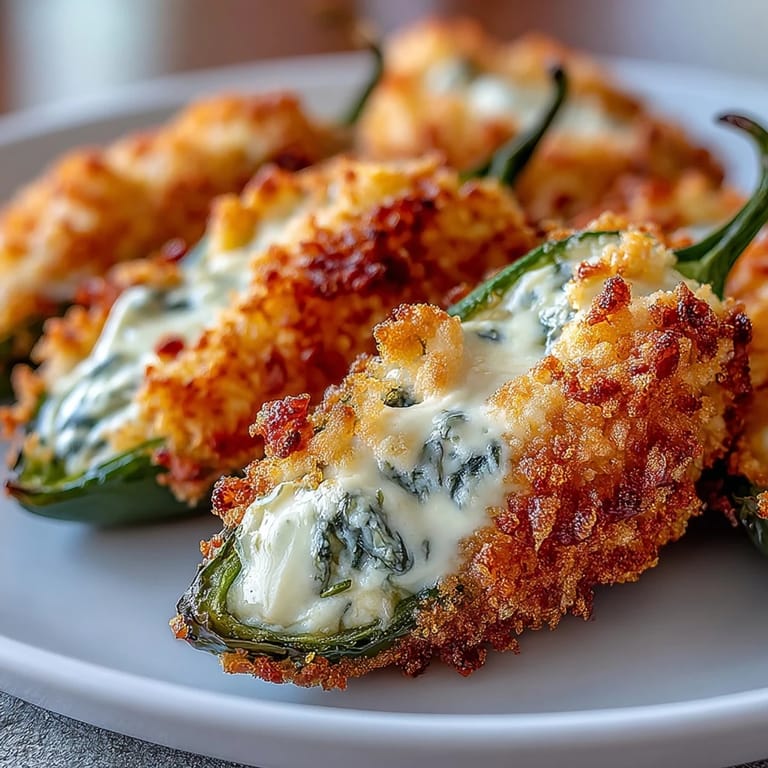 Halved jalapeño peppers stuffed with creamy cheese mixture, topped with breadcrumbs, and cooked to perfection in an air fryer.