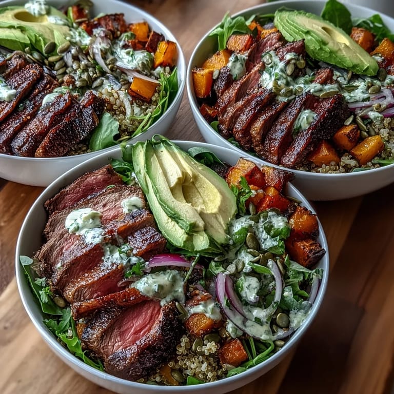 A drizzle of zesty lime-cilantro dressing brightens these Butternut Squash Steak Bowls, ready for a satisfying weeknight dinner.