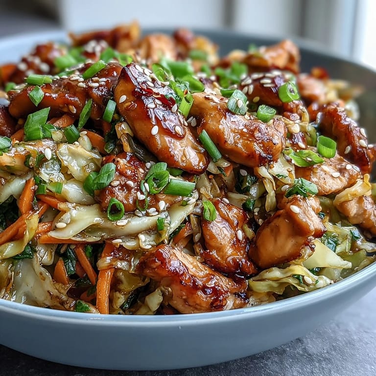 Steaming Egg Roll Bowls with chicken and cabbage topped with scallions and sesame seeds.