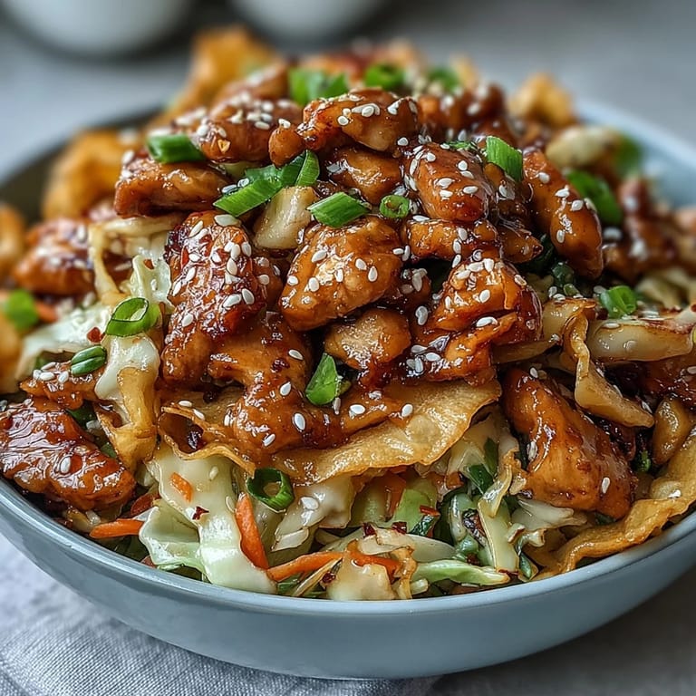 Family-style Egg Roll Bowls with chicken and cabbage ready to serve with chili crisp drizzle.