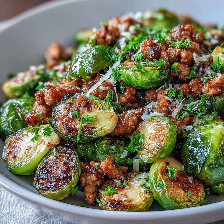 Fork-tender Brussels sprouts and seasoned ground turkey mingle with garlic in a skillet, perfect for a quick weeknight dinner.