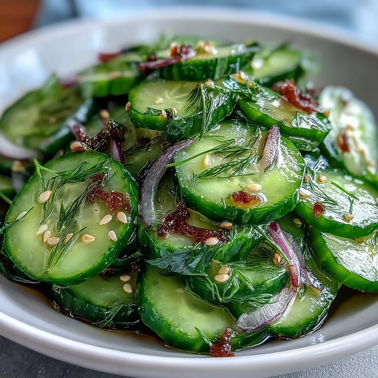 Colorful bowl of Refreshing Crunchy Cucumber salad featuring julienned carrots, red onion, and dill, paired with grilled chicken for an easy vegetarian and gluten-free lunch.