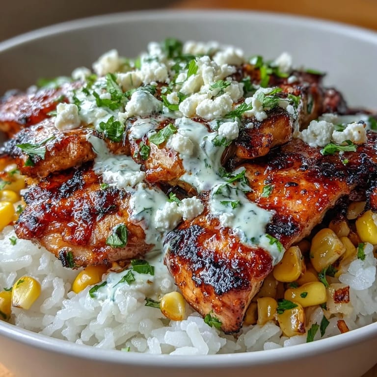 A vibrant serving of Street Corn Chicken and Rice Bowls features juicy chicken slices, cotija cheese, fresh cilantro, and lime wedges on a rustic table.