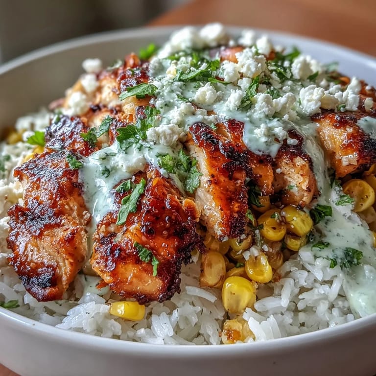 Close-up on warm Street Corn Chicken and Rice Bowls showing tender chicken, charred kernels, and a drizzle of creamy sauce over the fluffy rice base.