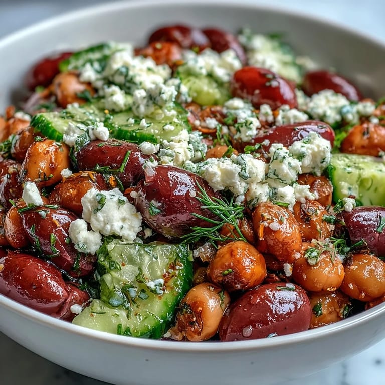 Bright Mediterranean flavors in this Greek Bean Salad with Lemon Marinated Beans, showing colorful veggies and herbs in a lemony dressing.