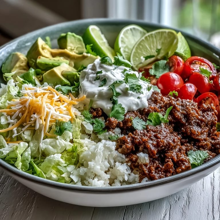 Close-up of Low Carb Burrito Bowl ingredients including sizzling beef, fluffy cauliflower rice, and fresh, colorful vegetables.
