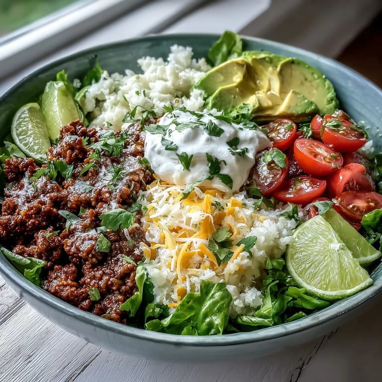 A finished Low Carb Burrito Bowl topped with cheese, sour cream, cilantro, and lime wedges for a bright, tangy finish.