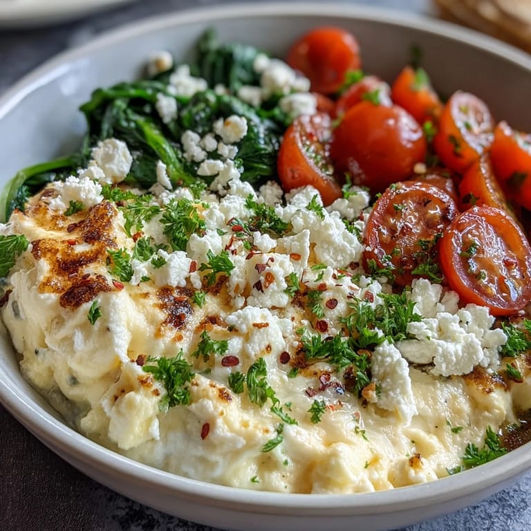 Hearty vegetarian breakfast bowl featuring creamy Spinach and Feta Breakfast Bowl ingredients, garnished with fresh parsley and red pepper flakes.
