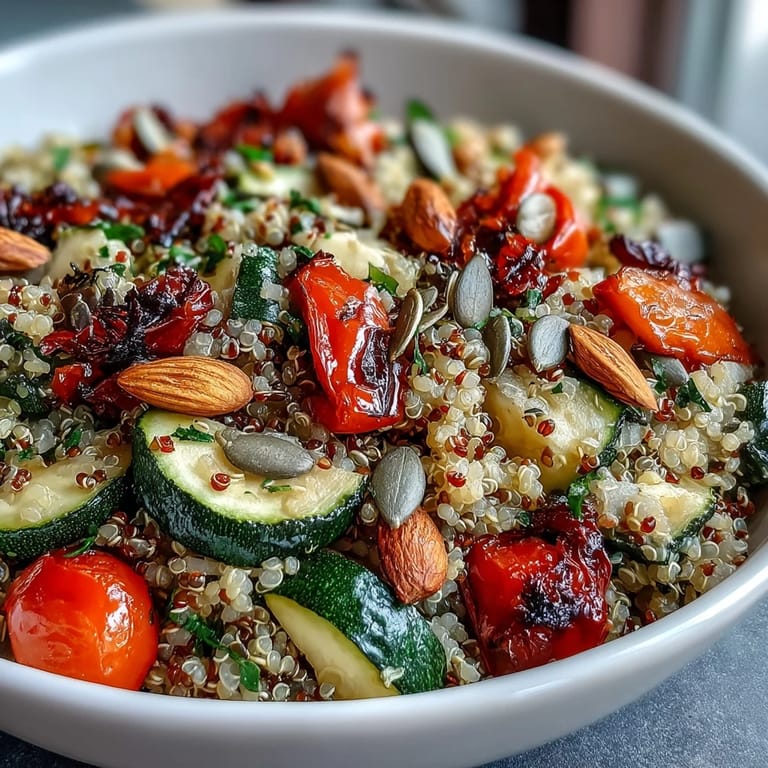 A vibrant Veggie and Quinoa Power Bowl topped with pumpkin seeds, almonds, and fresh herbs on a marble counter.