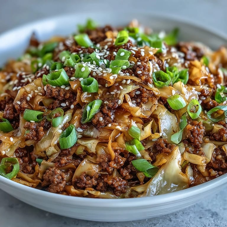 A savory Egg Roll in a Bowl recipe features minced ginger, garlic, and a drizzle of toasted sesame oil served over steamed rice.