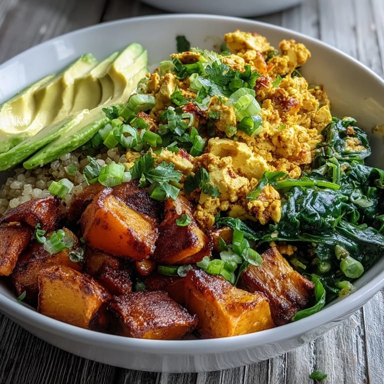 Vegan Tofu Scramble Breakfast Bowl brimming with colorful roasted sweet potatoes, fluffy quinoa, creamy avocado, and savory tofu scramble.