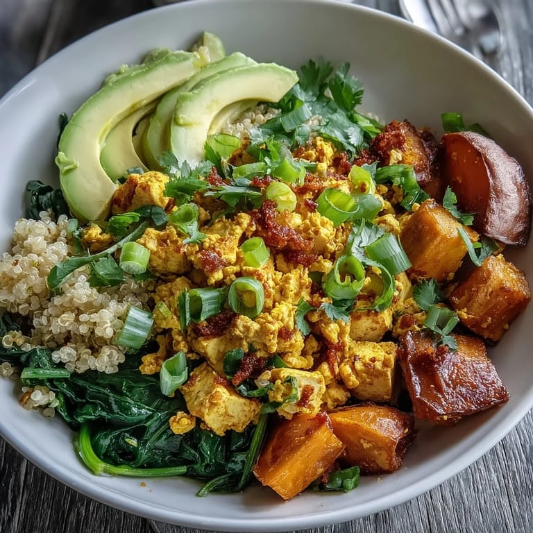 Close-up of a hearty Tofu Scramble Vegan Breakfast Bowl with golden tofu, quinoa, avocado, spinach, and sweet potatoes.