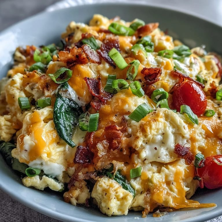 Cheesy Scrambled Egg and Veggie Bowl topped with fresh green onions and tomatoes.