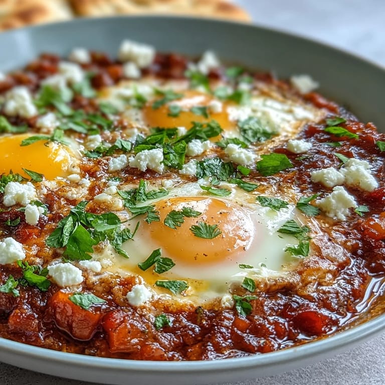 Hearty Shakshuka Bowl featuring poached eggs in a vibrant red sauce, topped with fresh herbs and crumbled feta.