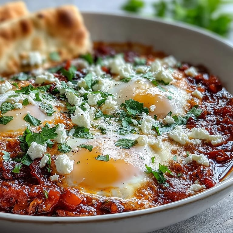 Shakshuka Bowl simmering with bell peppers and onions, accompanied by a soft pita bread ready for a delicious dip.